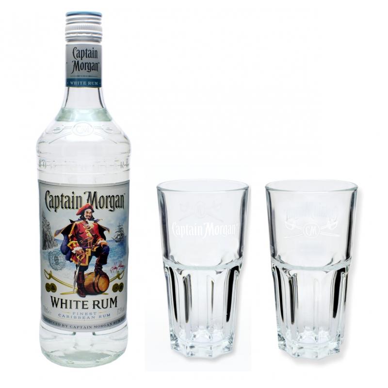 Captain Morgan White Rum Geschenkkarton im 2 37,5% 0,7l Gläsern mit